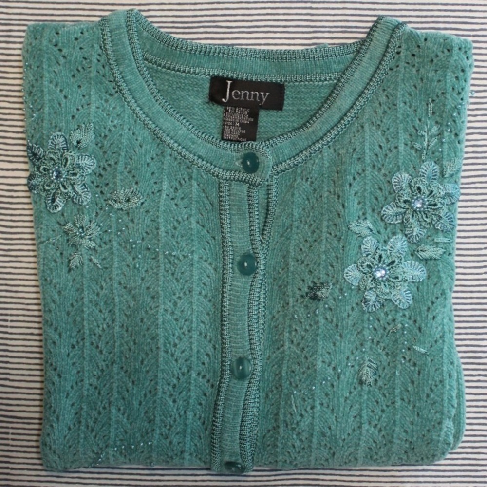 Jenny $68 Medium Retro Teal Pointelle Knit Floral Embellished Button Cardigan‎ - Picture 13 of 13